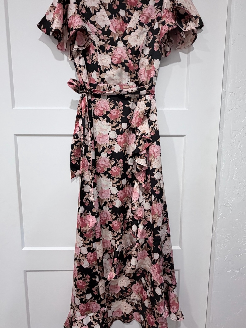 Floral Ruffle Faux Wrap Dress - Black with Pink & Cream Flowers